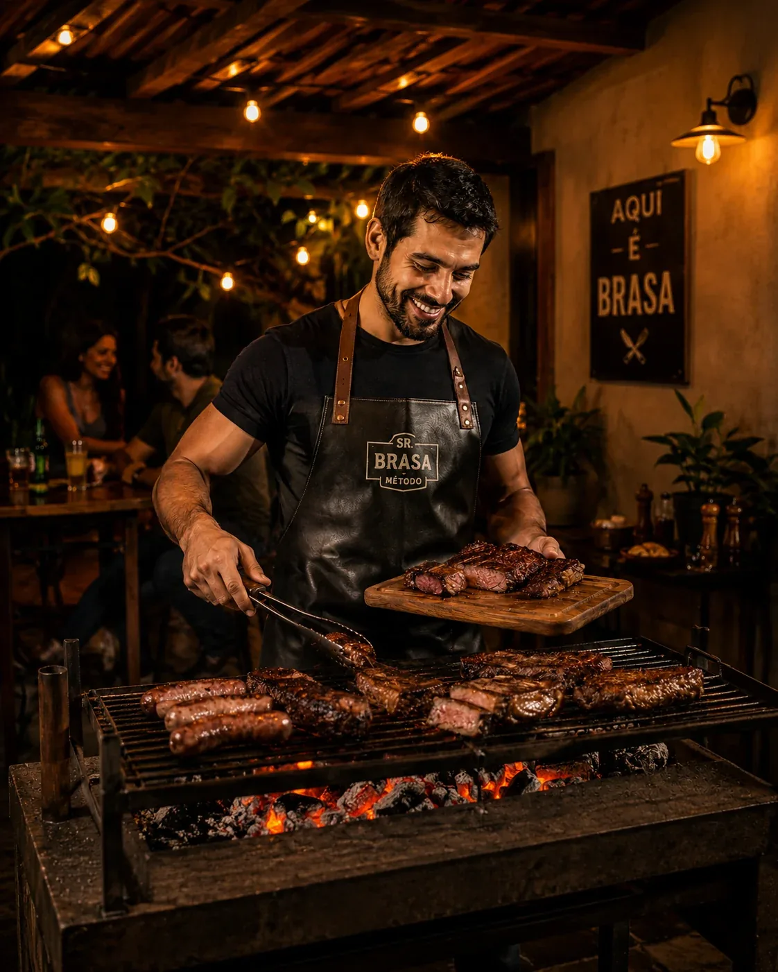 Homem confiante no comando do churrasco com carne bem preparada.