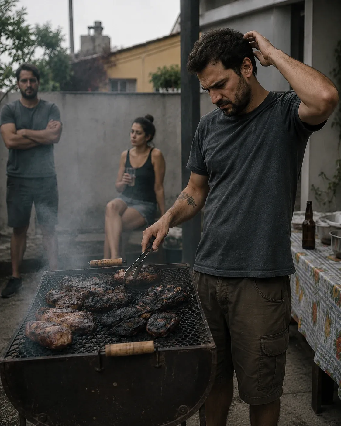 Churrasco dando errado, carne queimada e churrasqueiro frustrado.