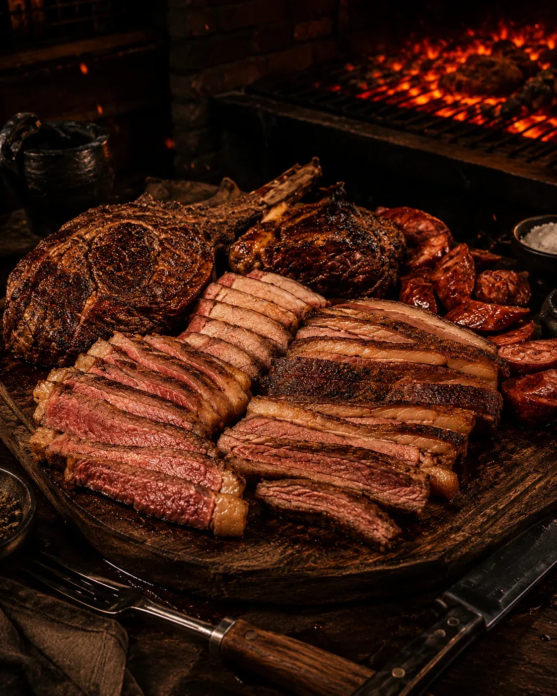 Tábua farta com cortes de churrasco bem fatiados.