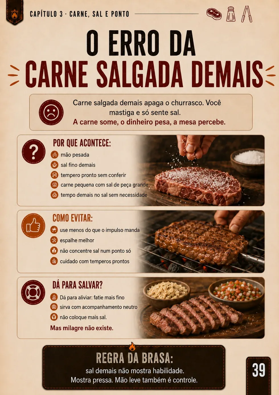 Página do Manual da Brasa ensinando o erro da carne salgada demais.