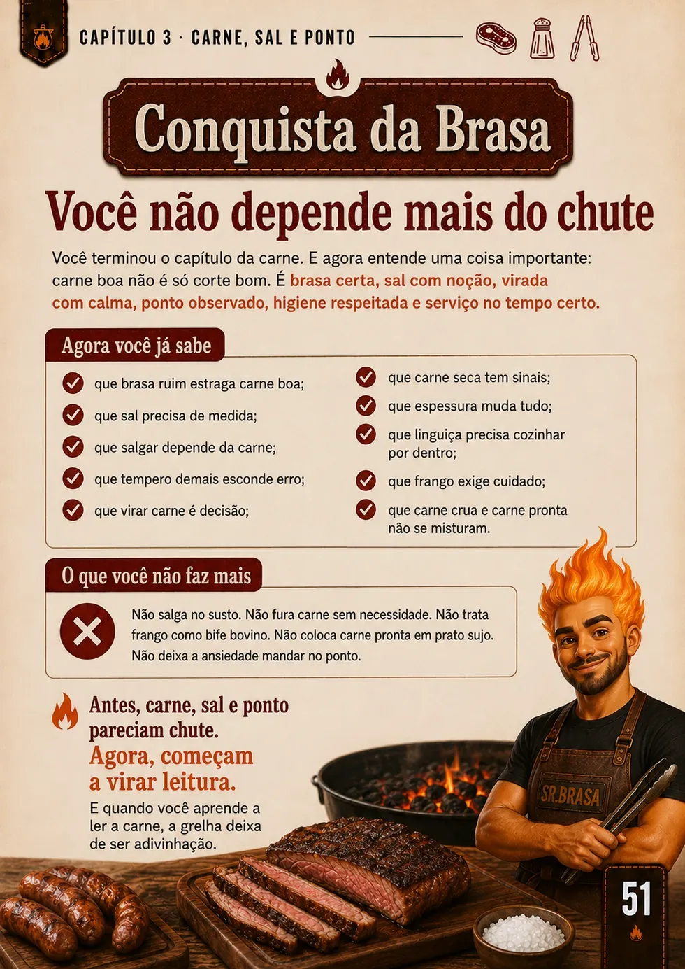 Página de conquista do Manual da Brasa sobre carne, sal e ponto.