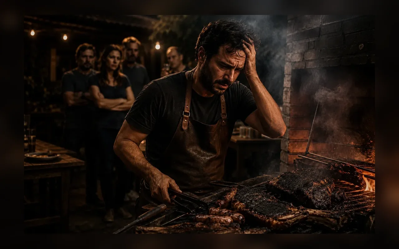 Homem frustrado diante da churrasqueira com carne queimada, fumaça e pressão da galera.