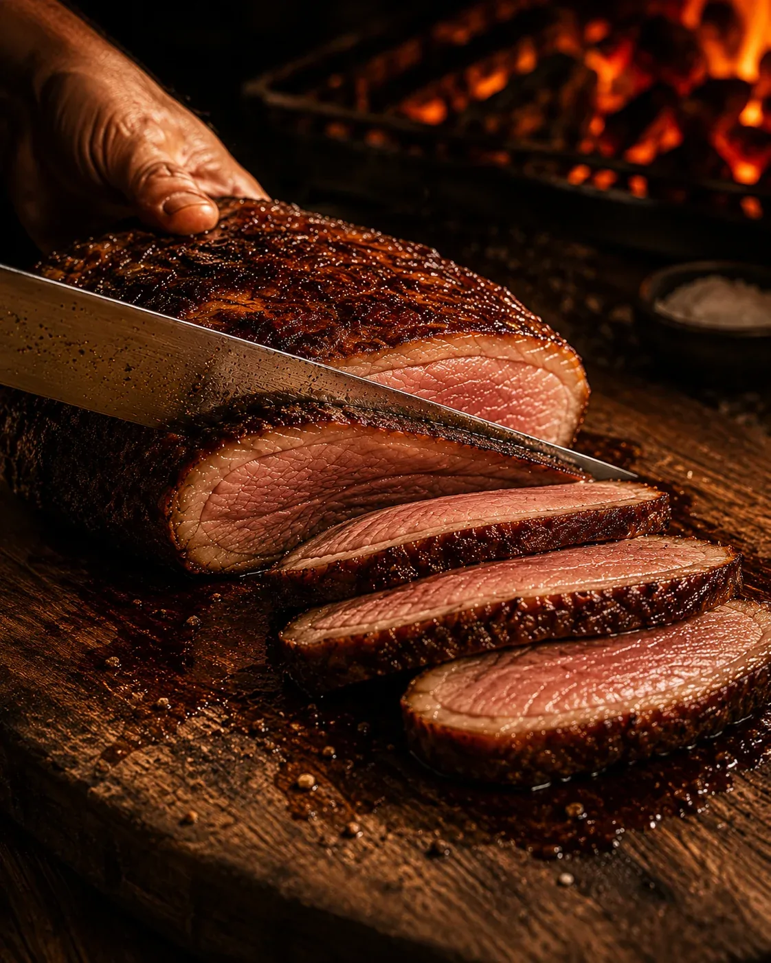 Picanha suculenta sendo fatiada no ponto certo.